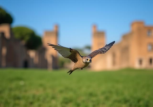 Falco grillaio in volo sopra le rovine dell'Appia Antica